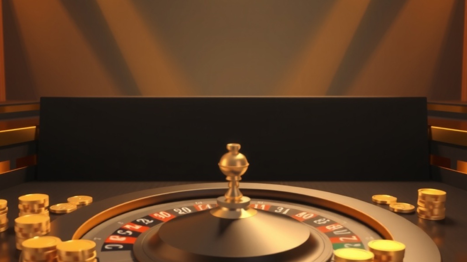 Lucky Spin live dealer with an empty roulette table with a spinning wheel under warm spotlights with chip stacks