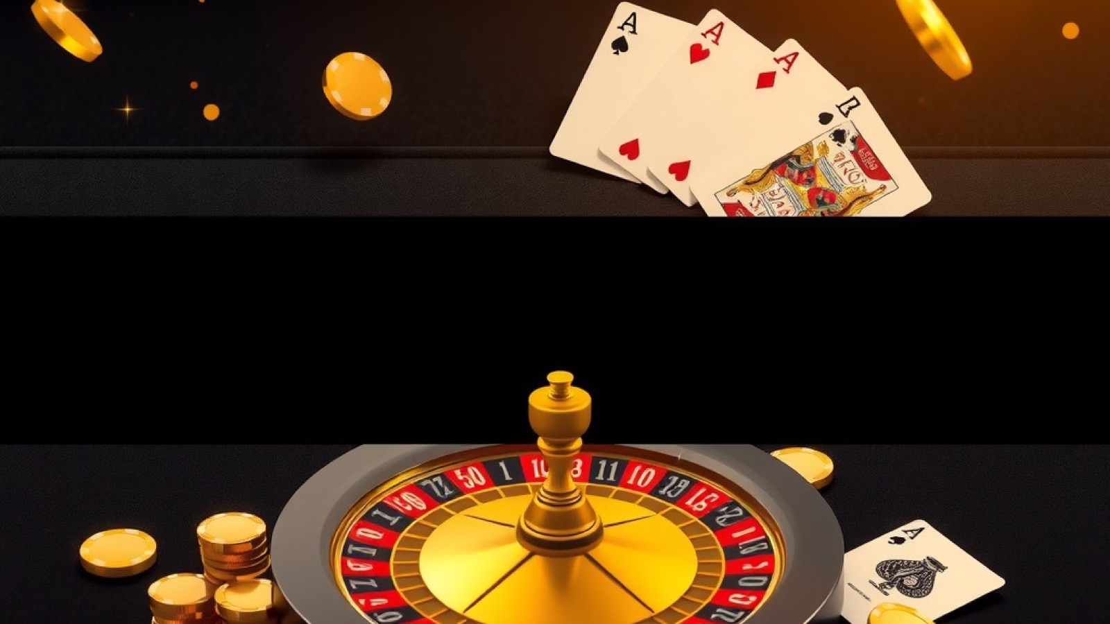 Lucky Spin table games with a roulette wheel and fanned playing cards on dark felt